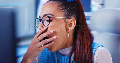 Buy stock photo Tired, woman and yawn by computer in office for programming software, overworked and burnout risk. Fatigue, female programmer and coding deadline for project pressure, insomnia crisis and solution