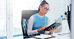 Tablet, typing and woman with plan in office, research and virtual assistant with schedule of meeting. Call center, notebook and customer service with concentration, headset and employee in corporate