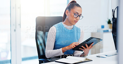 Buy stock photo Tablet, typing and woman with plan in office, research and virtual assistant with schedule of meeting. Call center, notebook and customer service with concentration, headset and employee in corporate