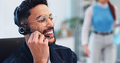 Buy stock photo Call center, business man and laugh with customer support, advice and online consultation. Office, crm feedback and help desk operator with internet, web and solution advisory with telemarketing 