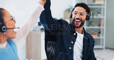 Buy stock photo Happy, business people and high five with headset in call center for telecom, motivation and support. CRM, office and agent with celebration for customer service, telemarketing and sale success bonus