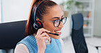 Call center, business woman and smile with customer support, advice and online consultation. Office, crm feedback and help desk operator with internet, web and solution advisory with telemarketing 