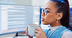 Coding, woman or coffee with computer for software development, reading information and system update. Professional, app programming and cyber security with IT database for analysis or script testing