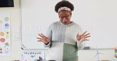 Buy stock photo Teacher, black woman and happy in classroom for learning, education and development of pupils. Female person, smile and language, storytelling lesson for creativity, knowledge or kids in kindergarten