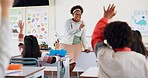 Children, teacher and hands raised at school for questions, answer and learning at youth academy. Kids, education and woman for development with sign for talking, quiz and scholarship in classroom