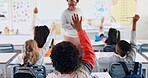 Children, back and hands raised at school with for question, answer and learning at youth academy. Kids, education and teacher for development with sign for talking, quiz and scholarship in classroom