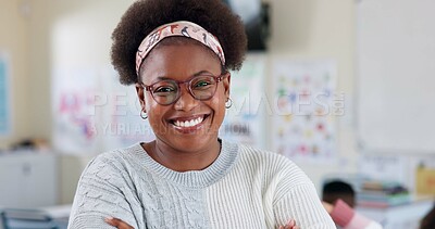 Buy stock photo Happy, teacher and portrait of black woman in classroom with confidence in education career. Smile, pride and African female tutor with job in childhood development with face at school academy.