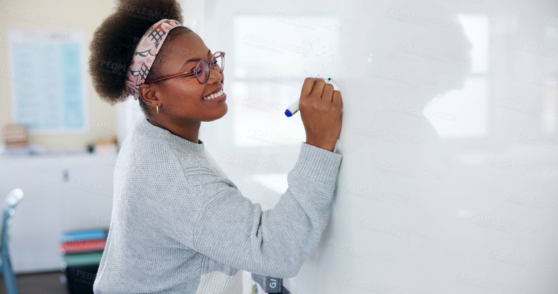 Buy stock photo Education, black woman and teacher with whiteboard in classroom for writing, learning or explain with knowledge. Educator, person and happy with brainstorming for exam, assessment and study in school