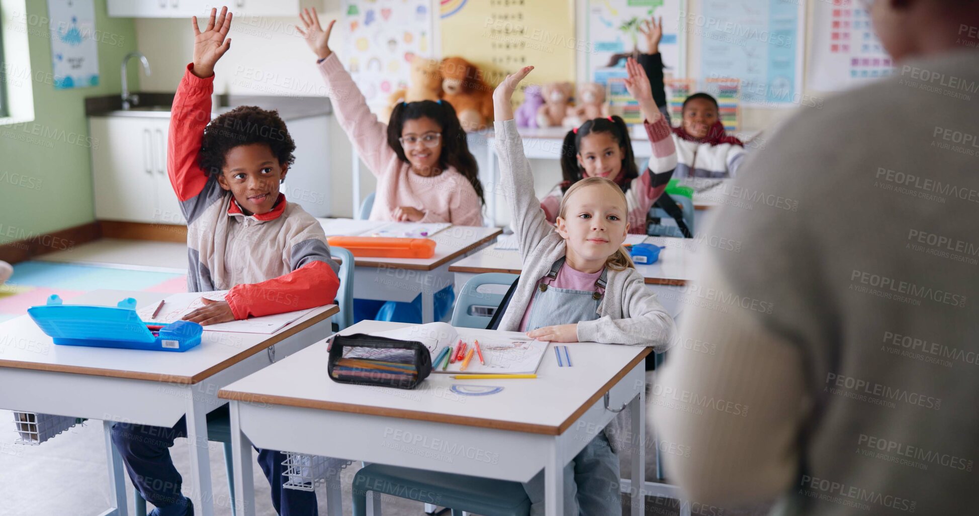 Buy stock photo Children, classroom and hands raised at school for questions, answer and learning at youth academy. Kids, education and teacher for development with sign for talking, quiz and scholarship for future