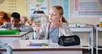 Girl, counting and fingers in classroom for math test, solution or assessment for development at academy. Child, learning and quiz for education, thinking or problem solving for scholarship at school