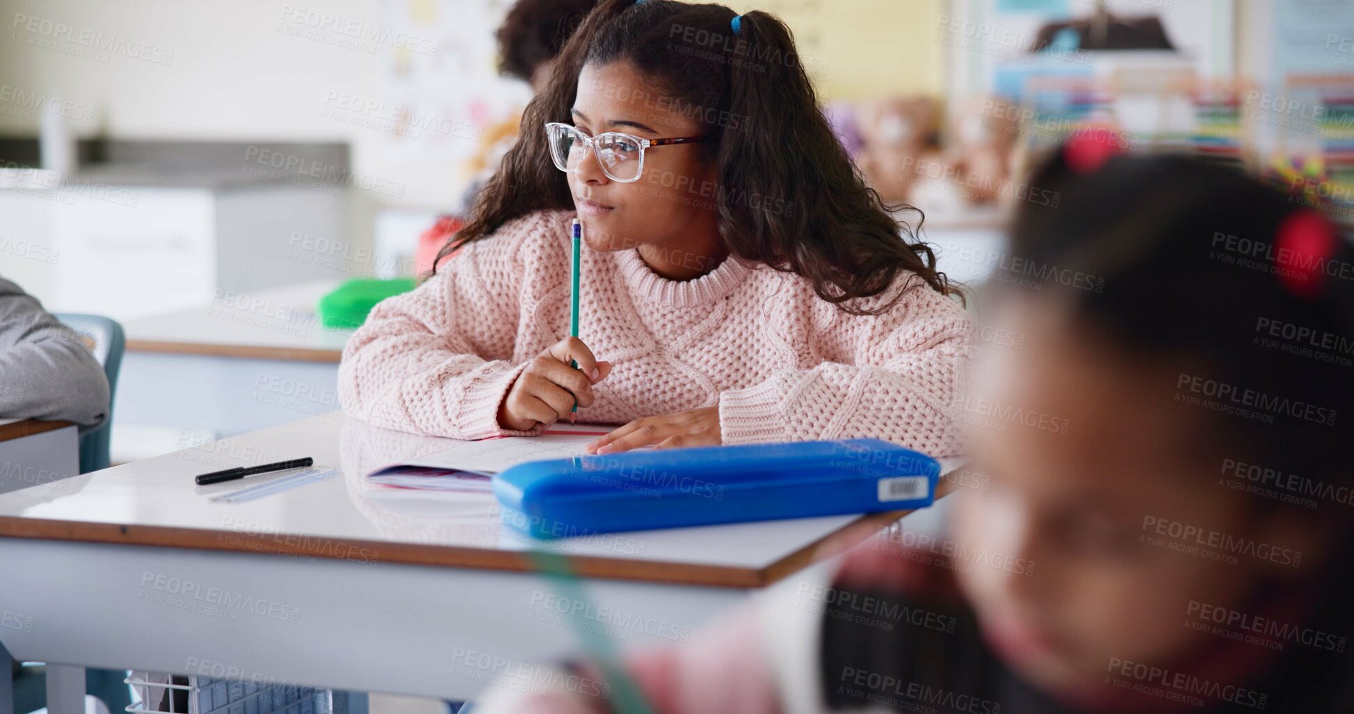 Buy stock photo Girl, child and thinking with notebook in classroom with learning, problem solving and assessment. Kid, paper and education with scholarship, ideas and solution for test with development at school