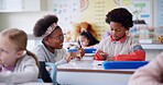 Education, teacher and student with counting in lesson for math support, learning and assessment in classroom. Teaching, educator and numbers assignment at school for development, study and knowledge