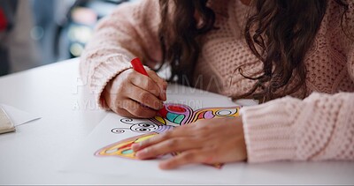 Buy stock photo Color, crayon and hands of child in classroom, growth and development of student in school and paper. Art, table and creative with butterfly, skills and kid in kindergarten, youth and learning