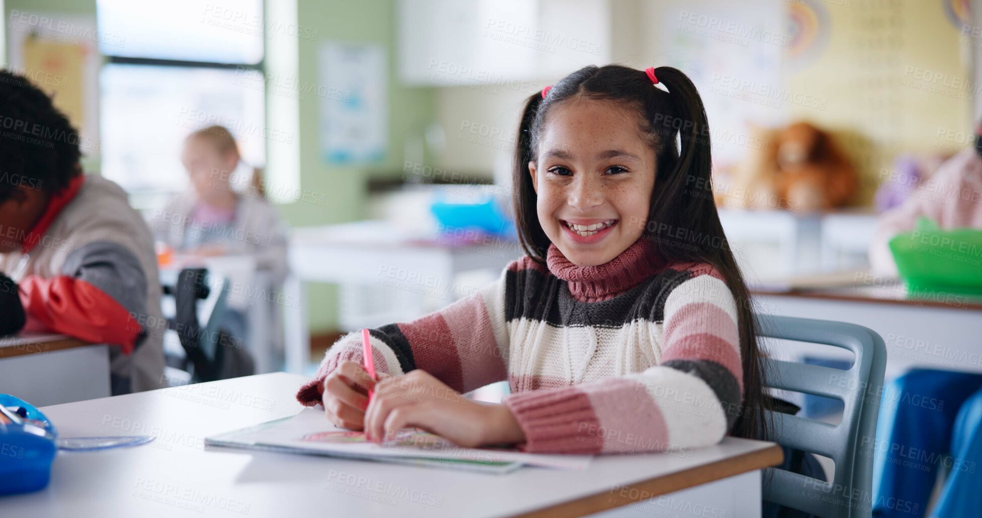 Buy stock photo Portrait, girl and student in classroom, education and writing with assignment, smile and learning. Face, knowledge and kid with notebook, happiness and creativity with development for motor skills