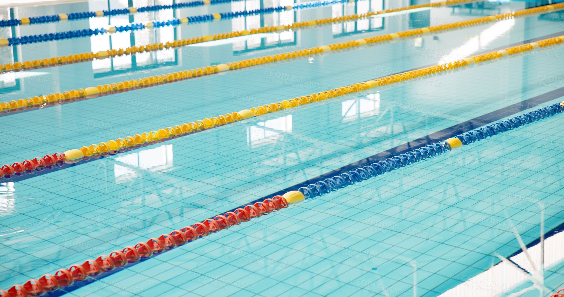 Buy stock photo Swimming pool, empty and lines with game, fitness and water for sports, cardio workout and lanes. Competition, blue and swim training arena ready for race performance, dividers and exercise challenge