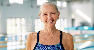 Buy stock photo Elderly woman, portrait and smile for swimming, wellness and mental health by indoor pool facility. Senior person, face and happy in retirement with exercise for fitness, arthritis or aquatic therapy