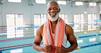 Elderly, black man or portrait at swimming pool for fitness, resting or ready for exercise. Male swimmer, happy or towel at aquatic gym for health, hydrotherapy or activity in retirement center