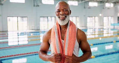 Buy stock photo Elderly, black man or portrait at swimming pool for fitness, resting or ready for exercise. Male swimmer, happy or towel at aquatic gym for health, hydrotherapy or activity in retirement center