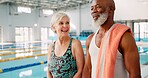 Smile, mature people and friends in swimming class, laughing and happy for learning in health club. Joke, talking and walking in gym with chat, fitness and pool with water for workout of old man