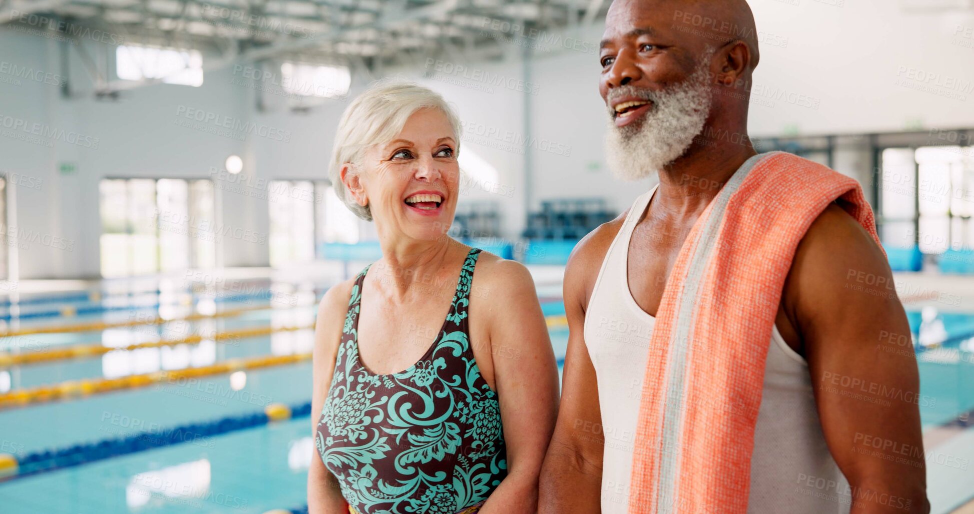 Buy stock photo Smile, mature people and friends in swimming class, laughing and happy for learning in health club. Joke, talking and walking in gym with chat, fitness and pool with water for workout of old man