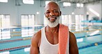 Senior, black man or portrait at swimming pool for fitness, resting or ready for exercise. Male swimmer, happy or towel at aquatic gym for health, hydrotherapy or activity in retirement center