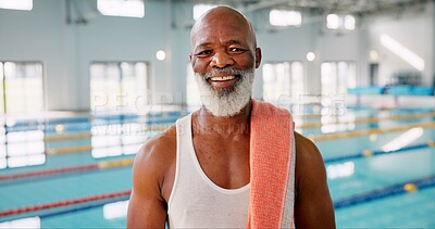 Buy stock photo Senior, black man or portrait at swimming pool for fitness, resting or ready for exercise. Male swimmer, happy or towel at aquatic gym for health, hydrotherapy or activity in retirement center