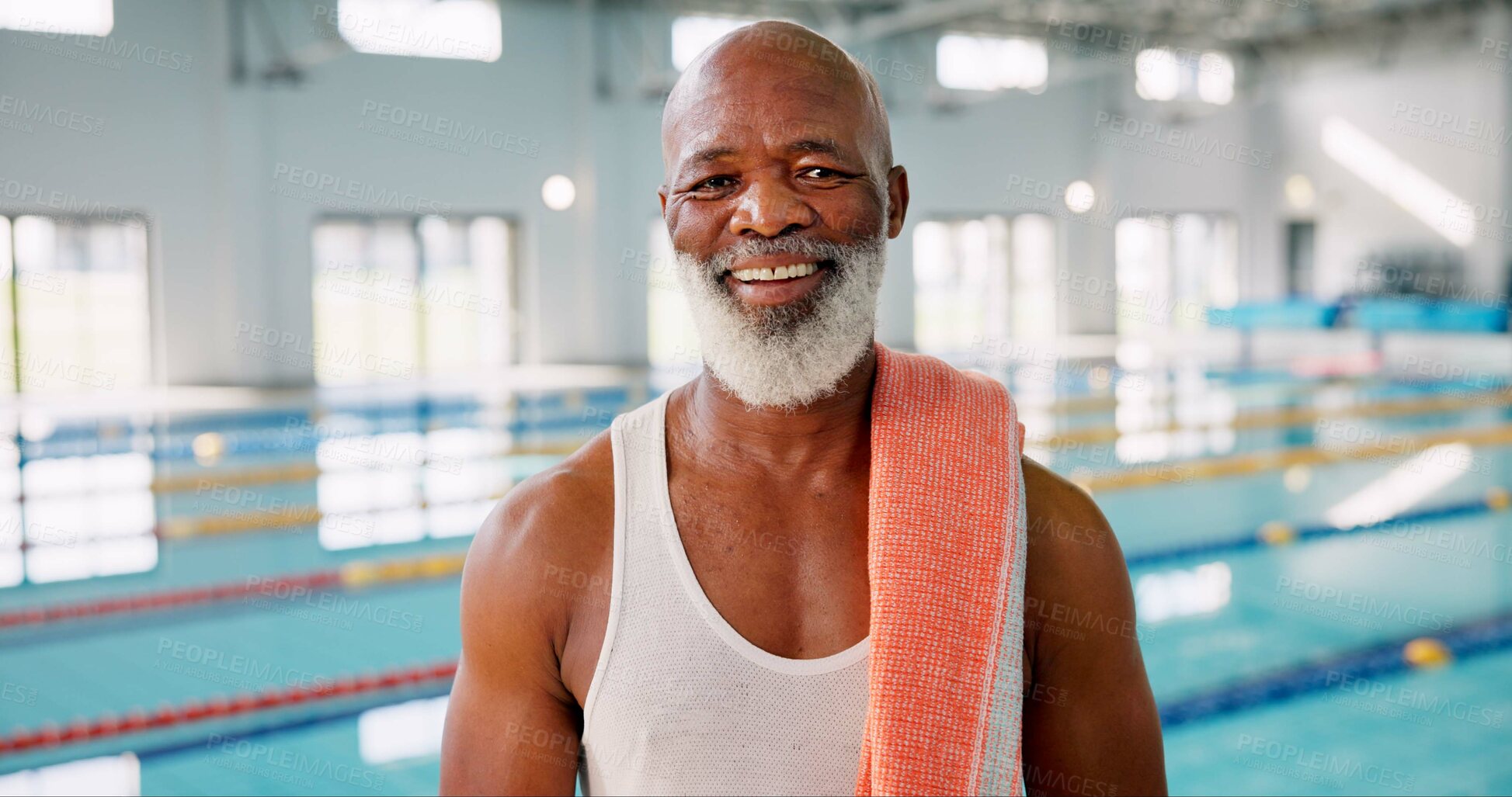 Buy stock photo Senior, black man or portrait at swimming pool for fitness, resting or ready for exercise. Male swimmer, happy or towel at aquatic gym for health, hydrotherapy or activity in retirement center