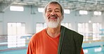 Senior, Asian man or portrait at swimming pool for fitness, resting or ready for exercise. Elderly swimmer, happy or towel at aquatic gym for health, hydrotherapy or activity in retirement center