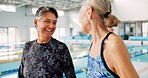 Smile, senior people and friends in swimming class, laughing and happy for learning in health club. Joke, talking and walking in gym with chat, fitness and pool with water for workout of old women