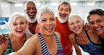 Senior people, selfie and class for swimming, wellness and mental health by indoor pool facility. Elderly group, portrait and fun in retirement with diversity for fitness, exercise and rehabilitation