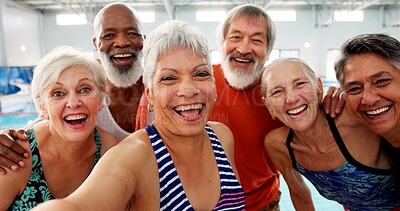 Buy stock photo Senior people, selfie and class for swimming, wellness and mental health by indoor pool facility. Elderly group, portrait and fun in retirement with diversity for fitness, exercise and rehabilitation