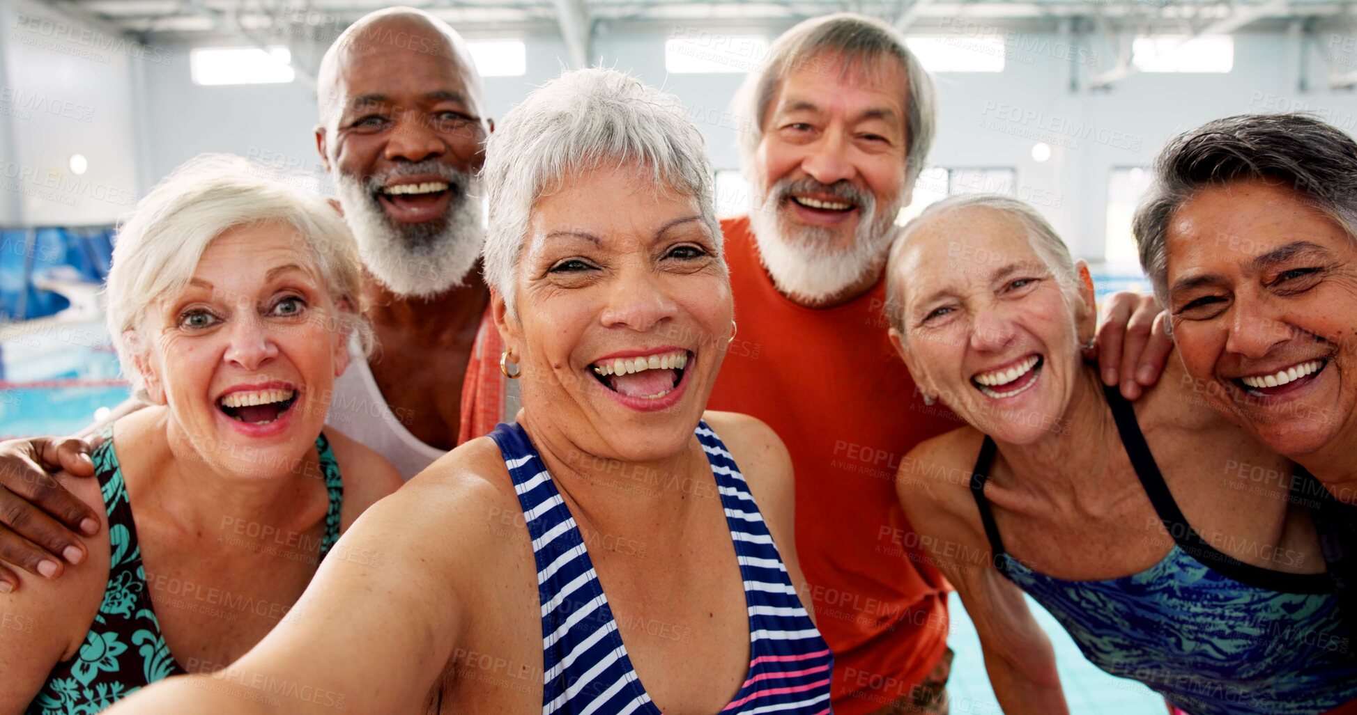 Buy stock photo Senior people, selfie and class for swimming, wellness and mental health by indoor pool facility. Elderly group, portrait and fun in retirement with diversity for fitness, exercise and rehabilitation