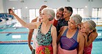 Selfie, retired and swimming for group, pool and memory for fitness in class, smile and swimwear for water. Together, gym and photography of mature people, friends and happy for learning and healthy