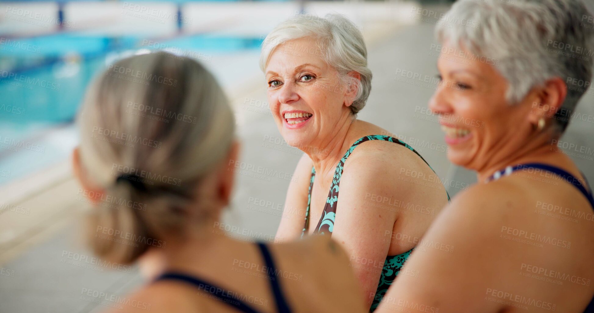 Buy stock photo Senior people, happy and class for swimming, wellness and mental health by indoor pool facility. Elderly group, portrait and fun in retirement with diversity for fitness, exercise and rehabilitation