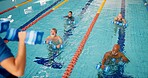 Dumbbell, training and group in swimming pool for exercise, healthy body and strong muscle. Weight, water and aerobics class for fitness, physiotherapy and rehabilitation of happy senior people