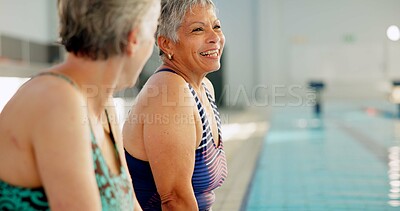 Buy stock photo Senior people, pool and smile for conversation, wellness and mental health by indoor swimming facility. Friends, talking and happy by water with retirement for fitness, exercise and rehabilitation