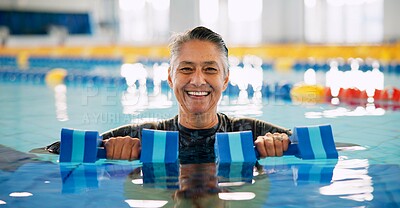 Buy stock photo Dumbbell, portrait and mature woman in swimming pool for exercise, healthy body and strong muscle. Therapist, water and aerobics class for fitness, physiotherapy or rehabilitation of senior person