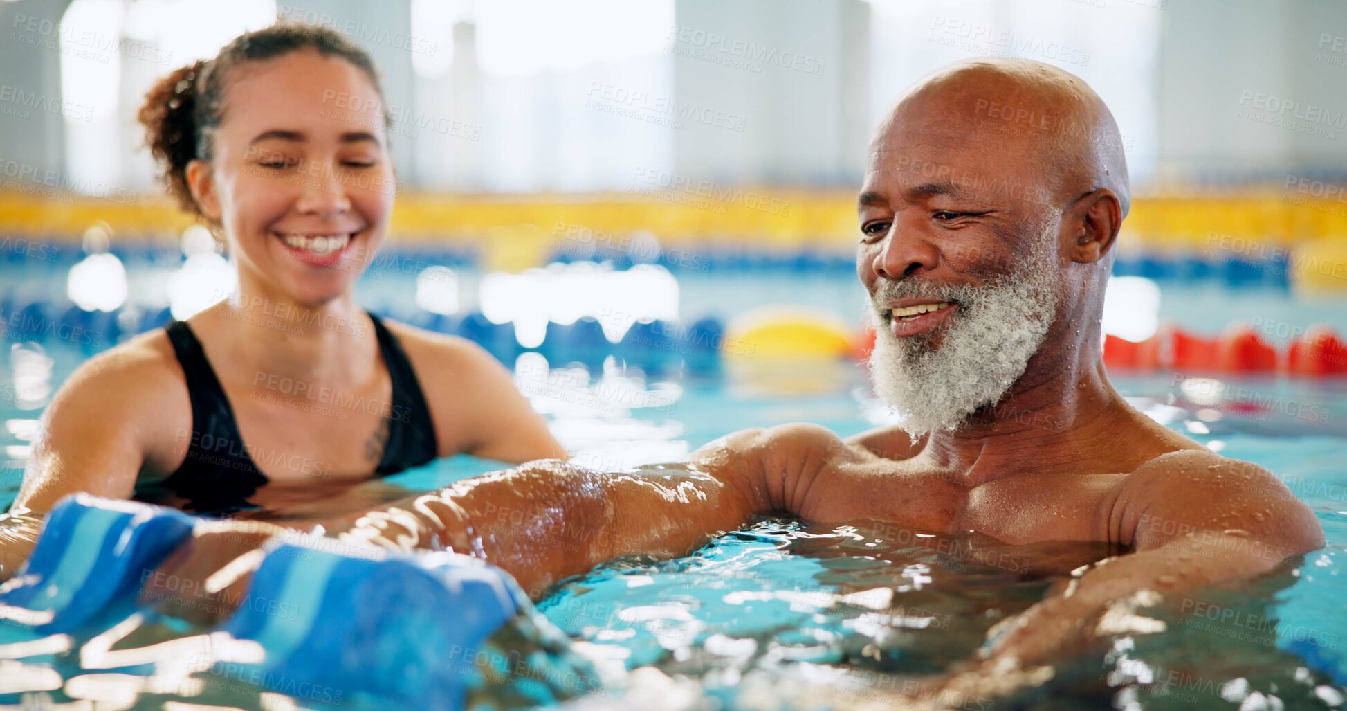 Buy stock photo Dumbbell, help and mature man in swimming pool for exercise, healthy body and strong muscle. Aqua therapist, water and aerobics class for fitness, physiotherapy or rehabilitation of senior people