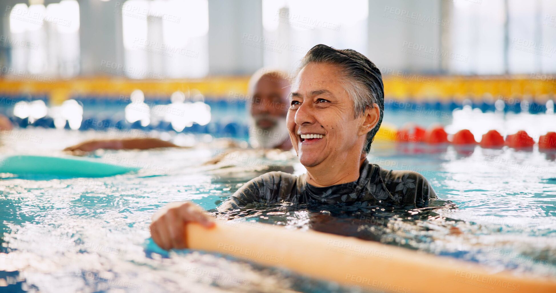 Buy stock photo Swimming pool, senior people and woman with smile, exercise and water aerobics for fun. Pensioner, retirement and mature lady with fitness, wet and liquid with training, wellness and healthy with joy