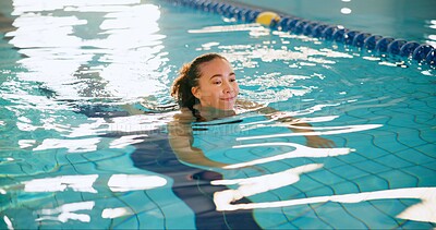 Buy stock photo Swimming pool, woman and fitness with smile, exercise and recreation with wellness, joy and physical therapy. Person, playful and girl with water aerobics, healthy and cardio workout with activity