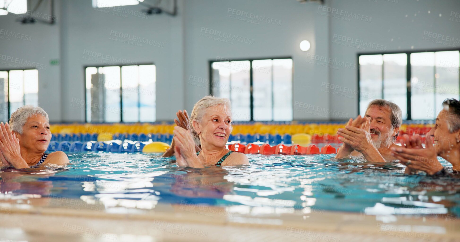 Buy stock photo Swimming, physiotherapy and celebration with senior people in hydro class for fitness or recovery. Swim, water and exercising with retirement rehabilitation and applause for hydrotherapy workout