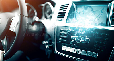 Buy stock photo Cropped shot of a person traveling by car using the on-board GPS to navigate