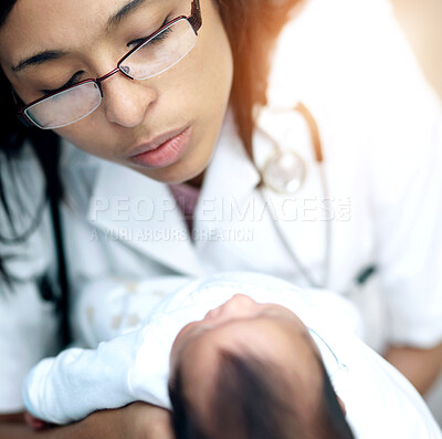 Buy stock photo Healthcare, medical and a pediatrician with a baby in the hospital for insurance, care or treatment. Medicine, children and a doctor woman holding a newborn infant in a health clinic for a checkup