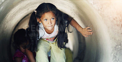 Buy stock photo Playground, children and play in tunnel, explore or having fun together. Kindergarten, tube and young girl, kids and friends playing game, adventure or learning, education and enjoying time at school