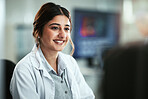 Scientist, woman and reading on computer in laboratory for medical research and pharmaceutical study results. Professional, happy and face of researcher for chemistry science simulation and report