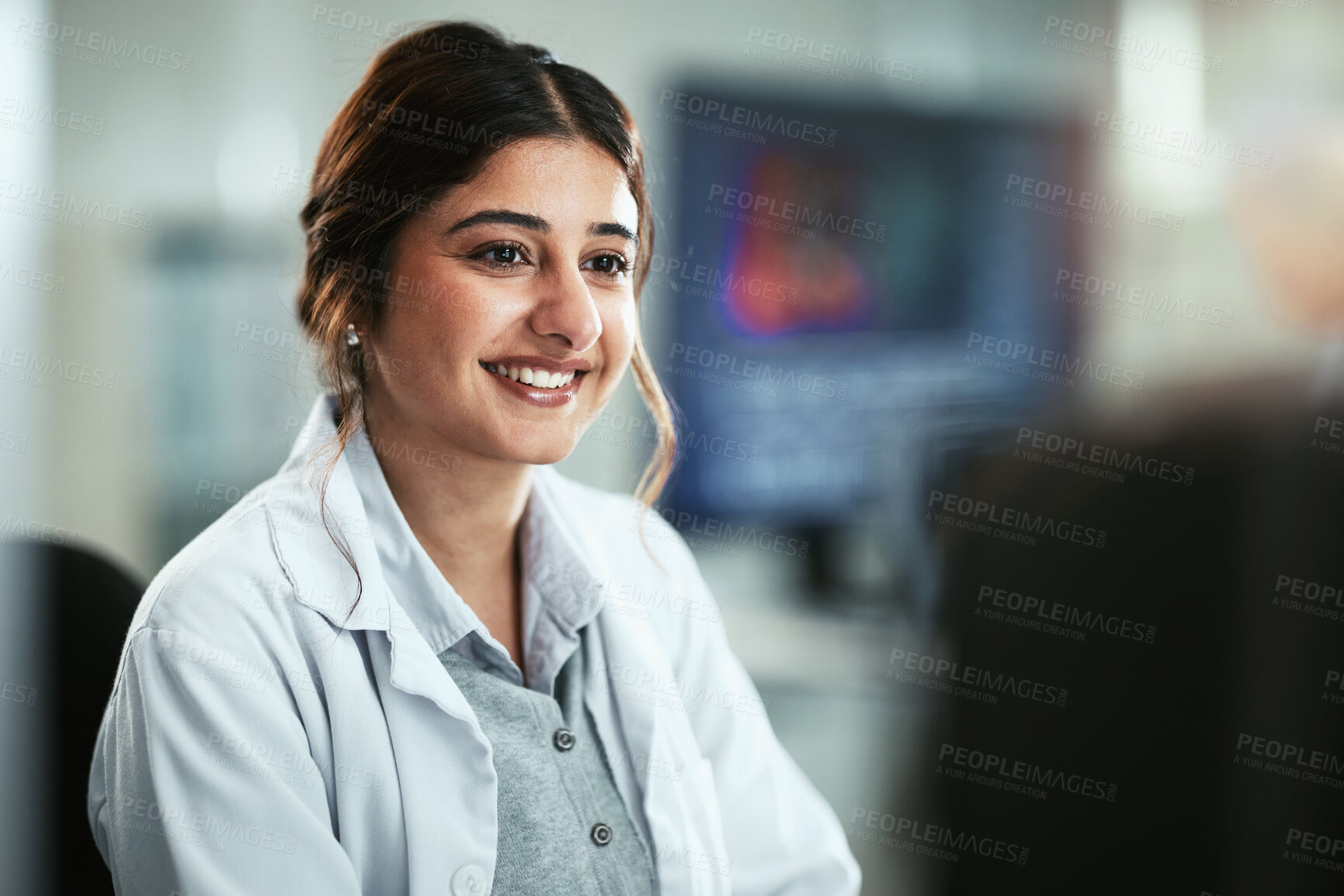 Buy stock photo Scientist, woman and reading on computer in laboratory for medical research and pharmaceutical study results. Professional, happy and face of researcher for chemistry science simulation and report