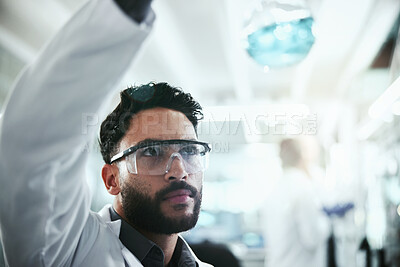 Buy stock photo Science, inspection and man with beaker in lab for solution, research and pharmaceutical development. Chemistry, scientist and analysis of glass container for antiviral compound, study and innovation