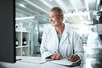 Clipboard, woman and scientist with computer in laboratory for medical research on cancer drug trial. Smile, checklist and female biologist with clinical protocol development for pharmaceutical study