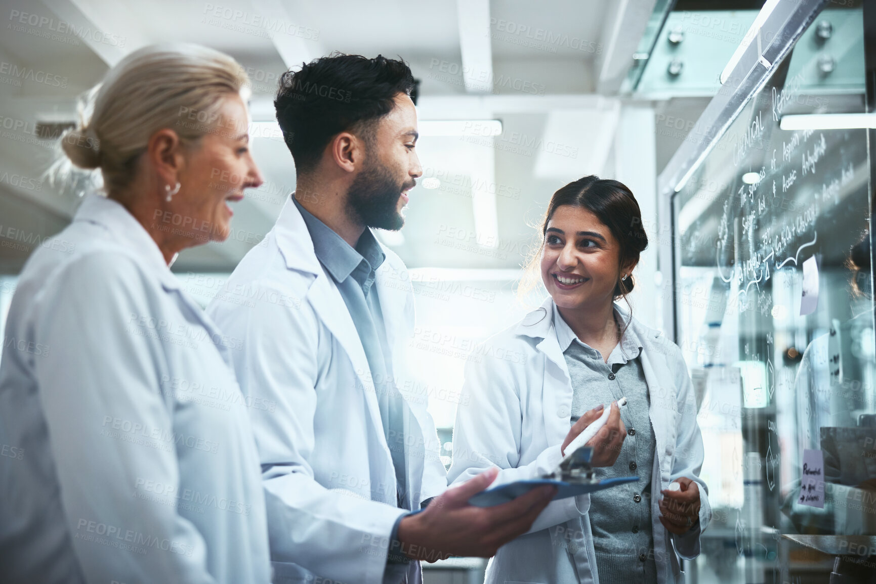 Buy stock photo Meeting, glass wall and team of scientists in lab for pharmaceutical innovation with drug trial plan. Discussion, manager and biomedical students with internship for analytical chemistry research.