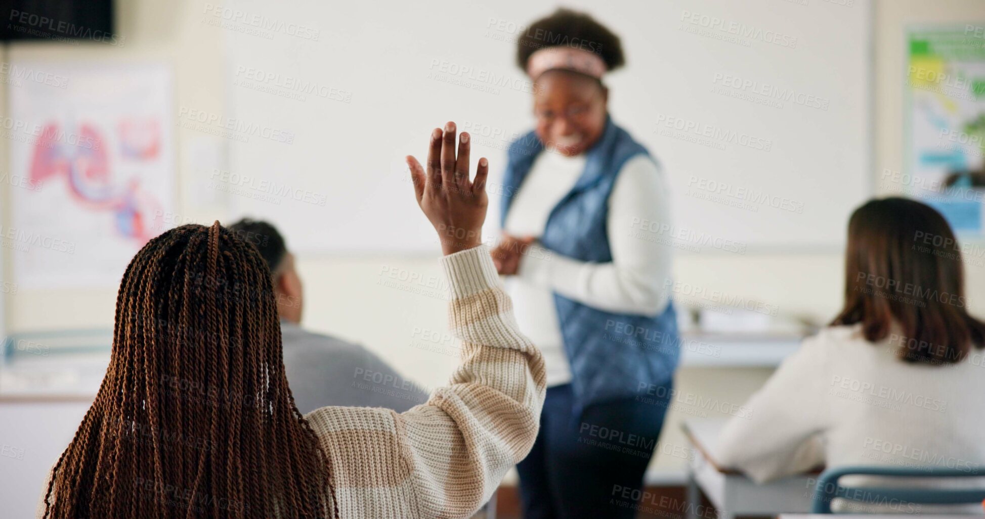 Buy stock photo Hand, question and student in college, education and preparing for exam with teacher, learning and classroom. Answer, person and arm up for feedback of professor, knowledge or listening in university